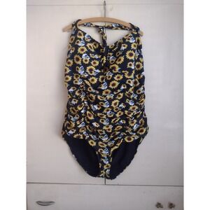 Hot Topic One Piece Bathing Suit Sz 5 Sunflowers Skulls Halter Black Yellow Swim